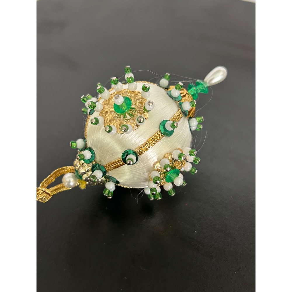 Christmas Ornament Green White Gold Beaded Satin Push Pin Sequins Collectible